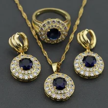 Синий циркон белый кристалл набор украшений для женщин серьги ожерелье Кулон Кольцо Размер подарочная коробка 41
