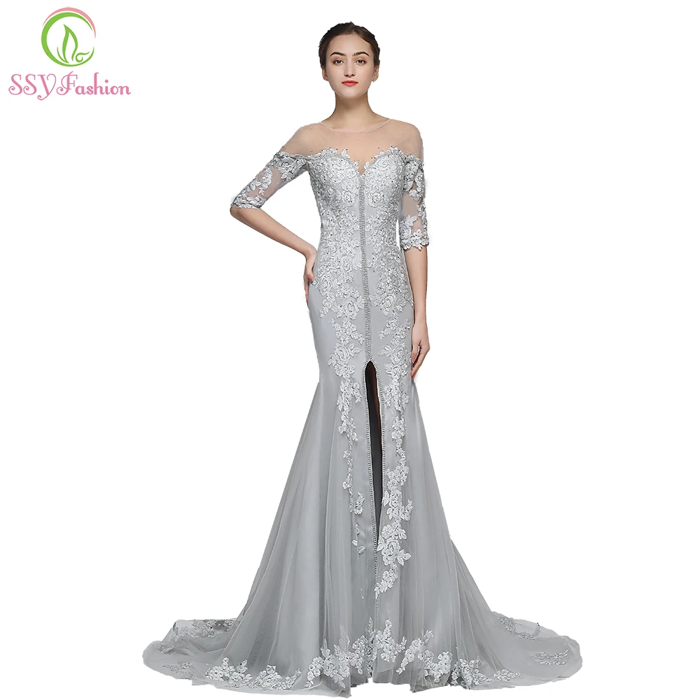 

Clearance High-end Lace Mermaid Evening Dress The Banquet Elegant Grey Appliques Beading Fishtail Party Formal Gown