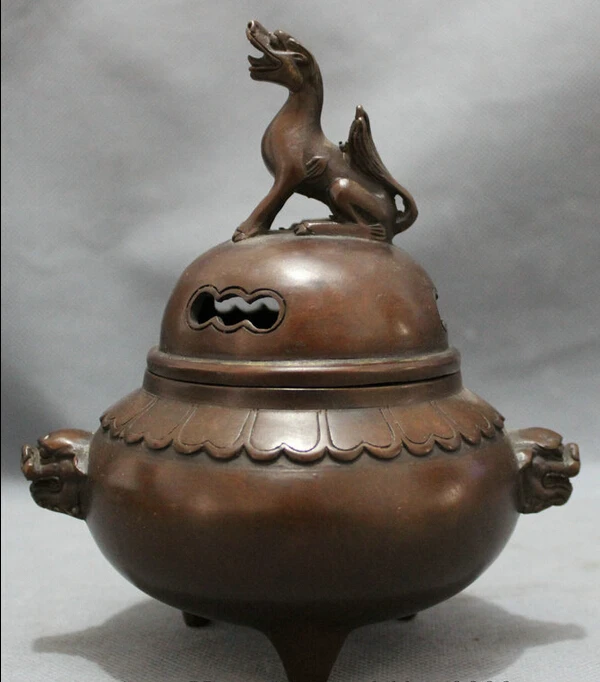 

S4396 Old Tibet Bronze Buddhism Auspicious Lion Dog Head Statue Incense Burner Censer D0317