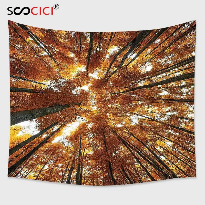 

Cutom Tapestry Wall Hanging,Forest Big Beech Trees in Fall with Rays Countryside Trunk Serene Idyllic Landscape Orange