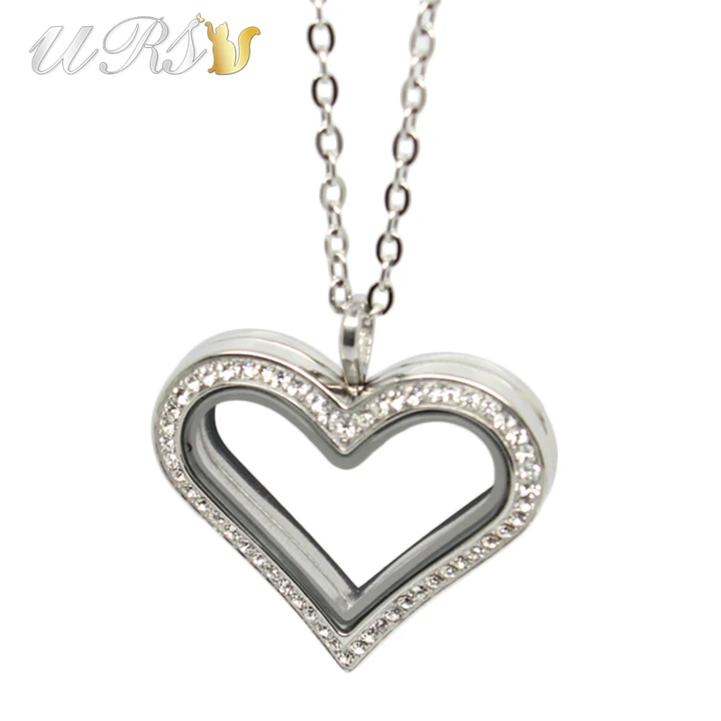 

35mm Large Heart Magnetic Closure Czech Crystals 316L Stainless Steel Silver/Gold Floating Memory Glass Locket with Necklace