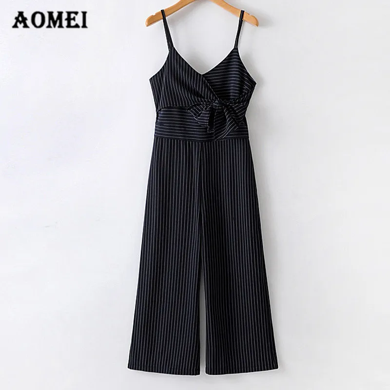 

Striped Women Jumpsuit V Neck with Sashes Romper Combinaison Spaghetti Strap Fashion Striped Jumpsuits For Elegant Lady Clothing