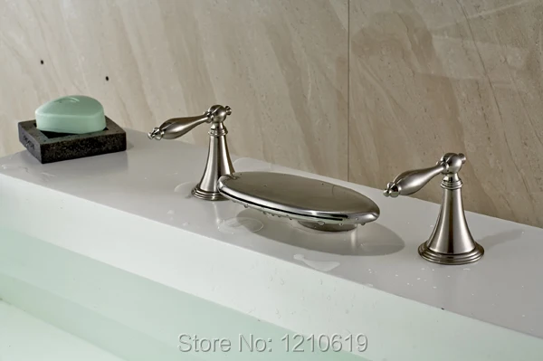 Newly US Free Shipping Creative Spout Nickle Brushed Bathroom Bathtub Faucet Mixer Tap Dual Handles Shower Tap Deck Mounted