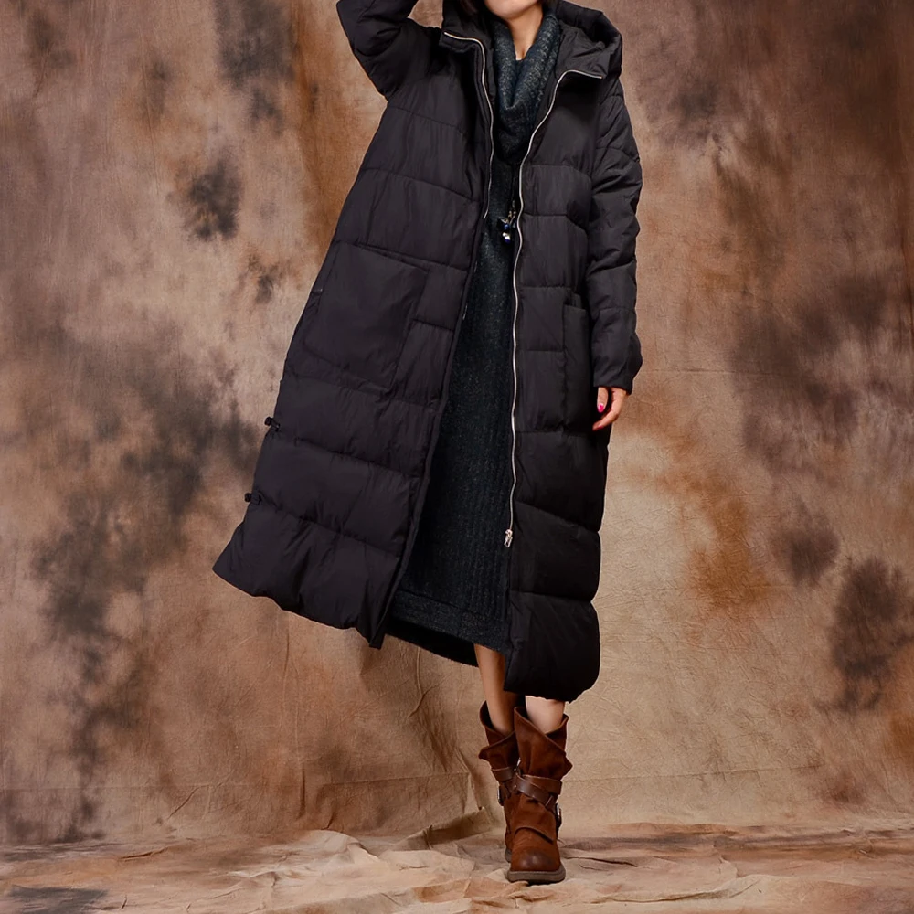 Johnature Women Hooded Down Coat Loose 2018 Winter New Thick Warm Long Sleeve Pockets Vintage Zipper Button Brief Long Down Coat