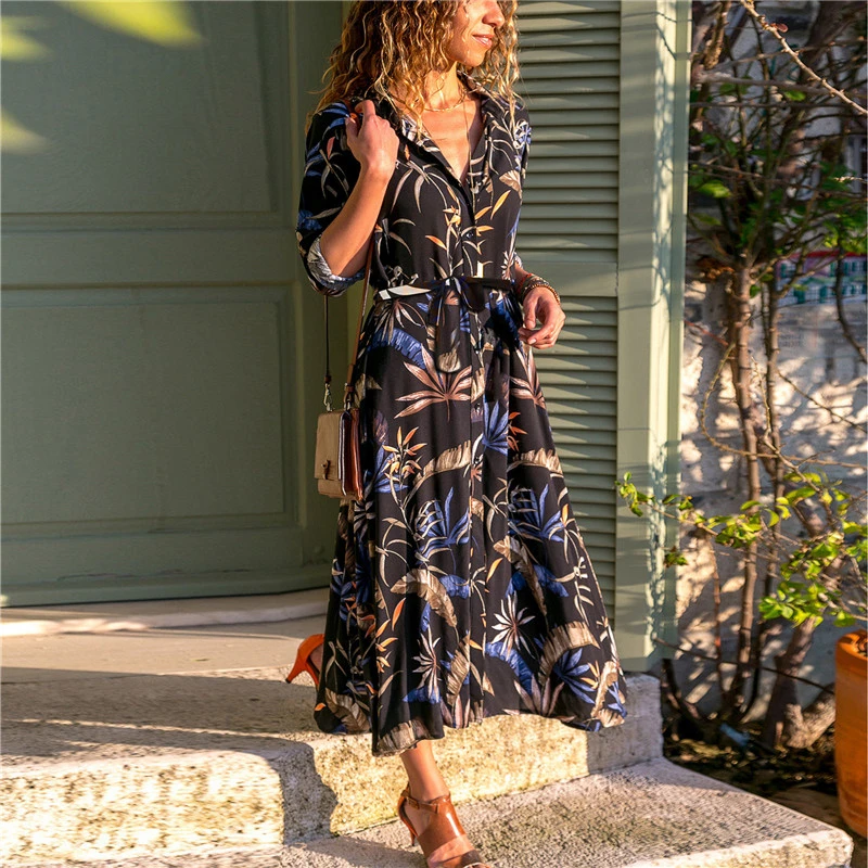 Aachoae Summer Long Dress Women Floral Print Boho Dress Long Sleeve Turn Down Collar Shirt Dress Ladies Casual Dresses Vestidos
