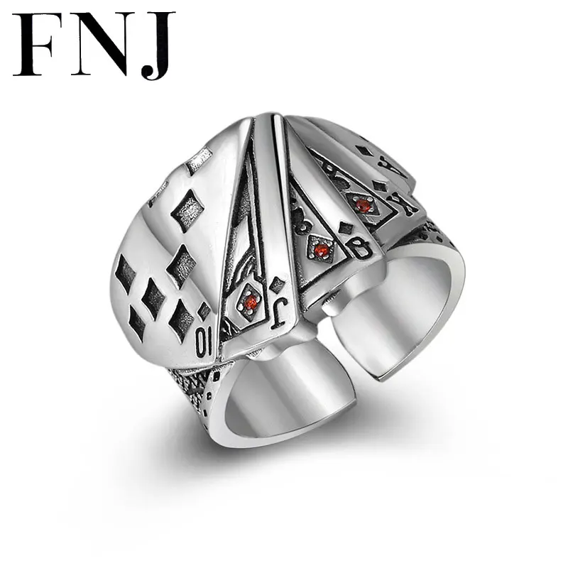 

FNJ 925 Silver Ring Playing cards Jewelry New Red Zircon Stone S925 Sterling Thail Silver Rings for Men Adjustable Size 7-11