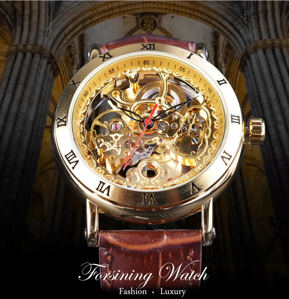 Forsining ретро римские число коричневый кожаный королевский цветок Механическая Скелет Прозрачный Мужские автоматические часы лучший бренд