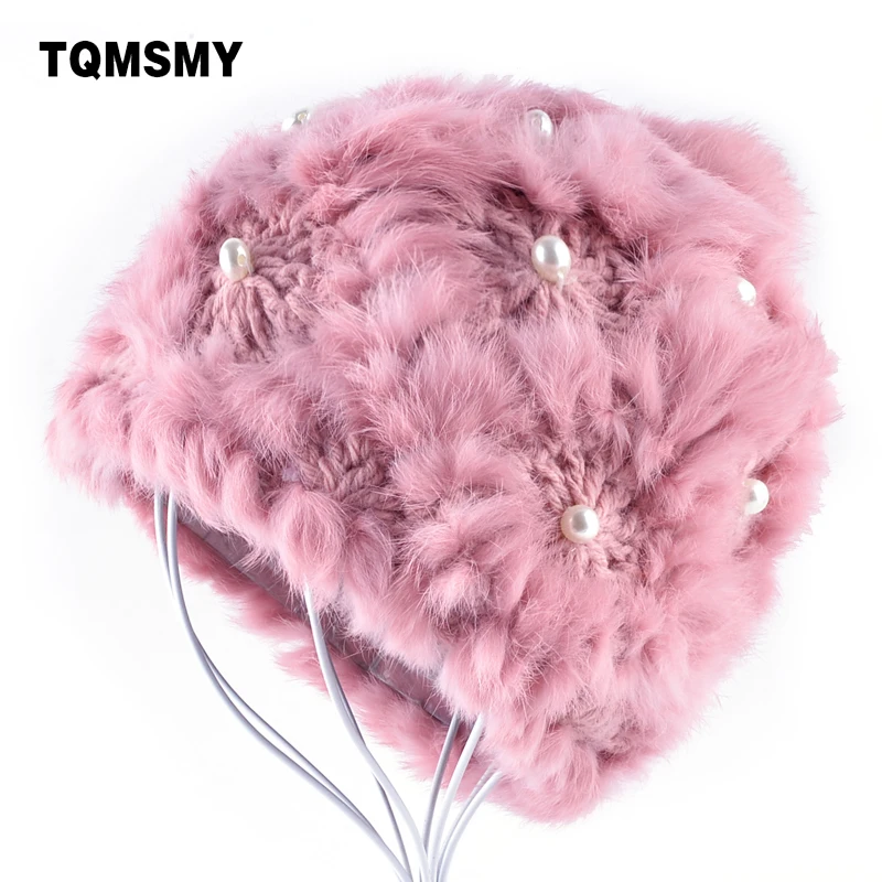 

TQMSMY Double layer Rabbit Fur Hat Women's Knitted wool Beanie lovely pearl bone keep warm cap Plus velvet winter hats for wome