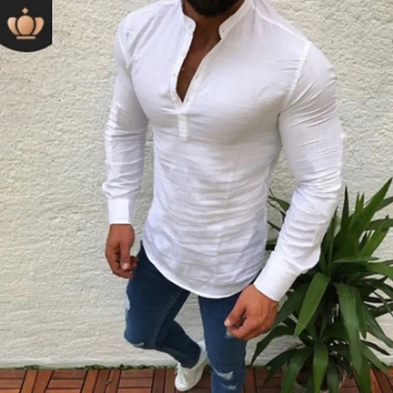 Fashion Mens Pullover Shirt Long Sleeve Linen Shirts Collarless Shirt