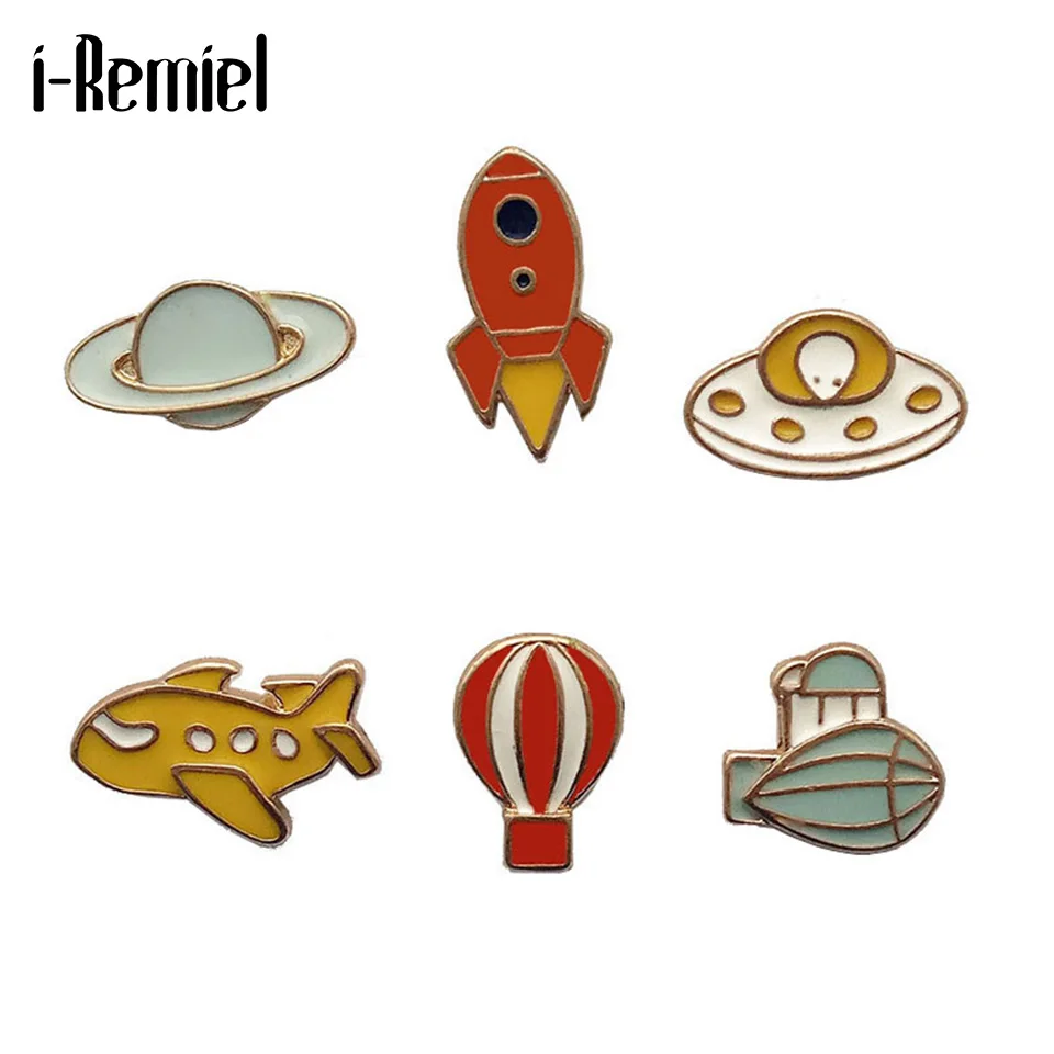 

i-Remiel Aircraft Rocket Cosmic Space Badge Hot Air Balloon Airship For Clothes Jeans Backpack Badges Metal Enamel Pin Clothing