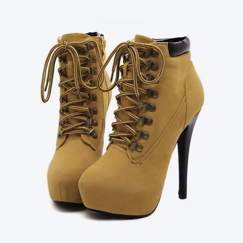 Новинка; пикантные женские ботильоны на платформе с перекрестной шнуровкой на шпильке; женская замшевая обувь на высоком каблуке на молнии; модная женская обувь на платформе и тонком каблуке - Цвет: yellow brown