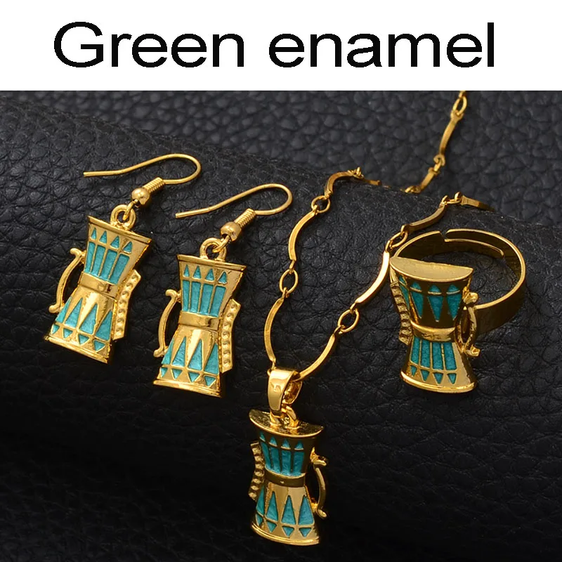 Anniyo Drum Ювелирные наборы, ожерелье, серьги, кольца, наборы для женщин, фоны, стиль, традиционные праздничные подарки#016216 - Окраска металла: Green enamel