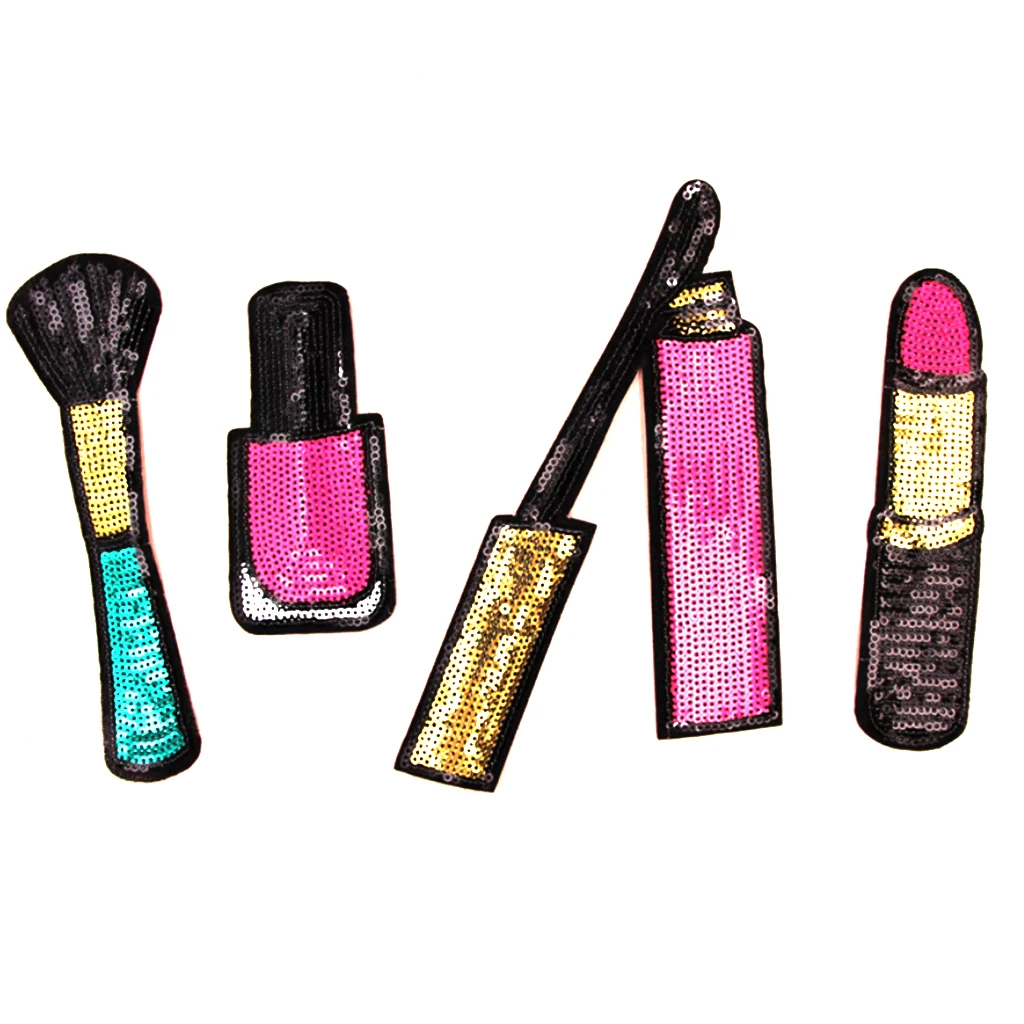 4 Pieces Fashion Lipstick Makeup Embroidered Sequin Iron on Appliques Patches for   Clothing jackets Jeans Backpacks