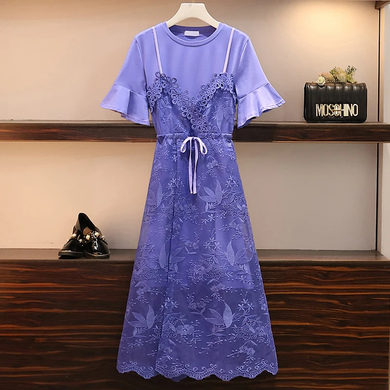 

2019 Summer Mesh Lace Embroidery Vest Dress+long T-shirt 2-piece Set Suit Women 's New Fashion Two-piece Plus Size Dresses Set