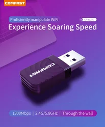 Adaptador wi fi, em estoque, alta velocidade, usb 3.0, sem fio, banda dupla, 2.4 + 5 ghz, 1300 mbps, 802.11ac 802.11 a/b/n/g/ac, antena wi fi