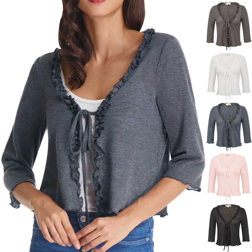 

KK Women's Tops Shrug 3/4 Sleeve V-neck Ruffled Knitting Knitwear Bolero Solid Color High Quality Fashion Shrug Coats
