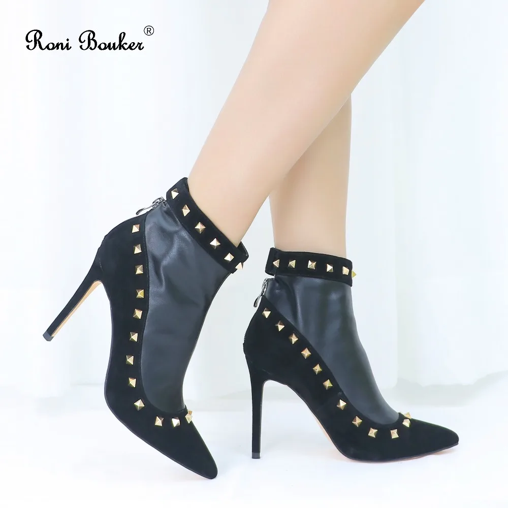 

Roni Bouker Heels Fashion Studded Rivets Zip Pointed Toes Ankle Boots Female Shoes Free Shipping Genuine Leather Women Booties