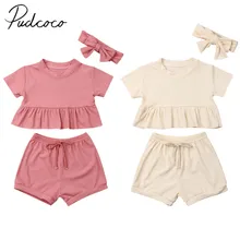 Летняя одежда для малышей, для новорожденных, для маленьких мальчиков девушки Твердые наряды Топы с оборками и шорты и повязка на голову, комплект из 3 предметов одежда в загородном стиле От 6 месяцев до 3 лет