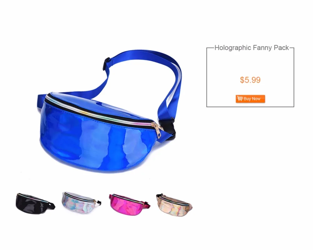 HUELE Black Hologram Fanny Pack Metallic Bum Bag Waterproof Waist Pouch 