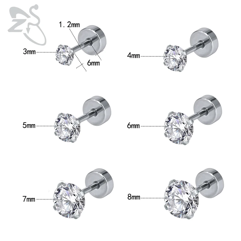 ZS, 3-8 мм, 12 шт./Партия серьги-гвоздики, AAA кубический циркон, пирсинг, серьги-гвоздики, прозрачный пост, милые круглые серьги для детей