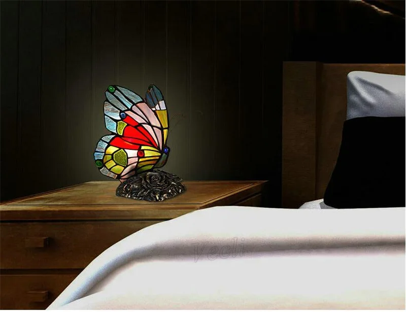 Новинка Tiffanylamp Цветочная основа прикроватная настольная маленькая декоративная настольная лампа, современный светодиодный ночник-светильник с бабочкой для детской спальни