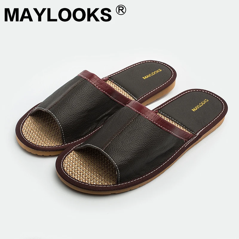 

Men's Slippers Summer genuine Leather Linen Woven Breathable Home Indoor Non-slip Slippers 2018 New Hot Tb007