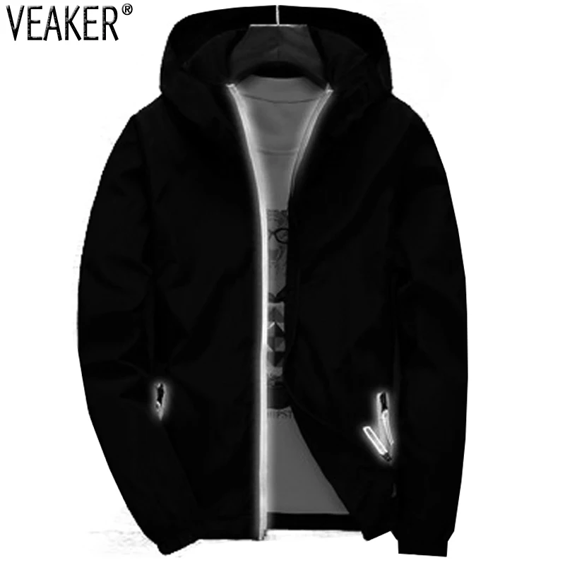 

2018 Autumn Men's Hooded windbreaker Jacket Slim Fit Solid Color Reflective Bomber Jackets Coat Outerwear Tops Plus Size 7XL