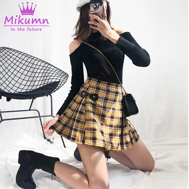 Harajuku клетчатая юбка Весенняя женская Милая желтая плиссированная юбка с высокой талией Готическая панк Женская мода для девочек шорты юбки