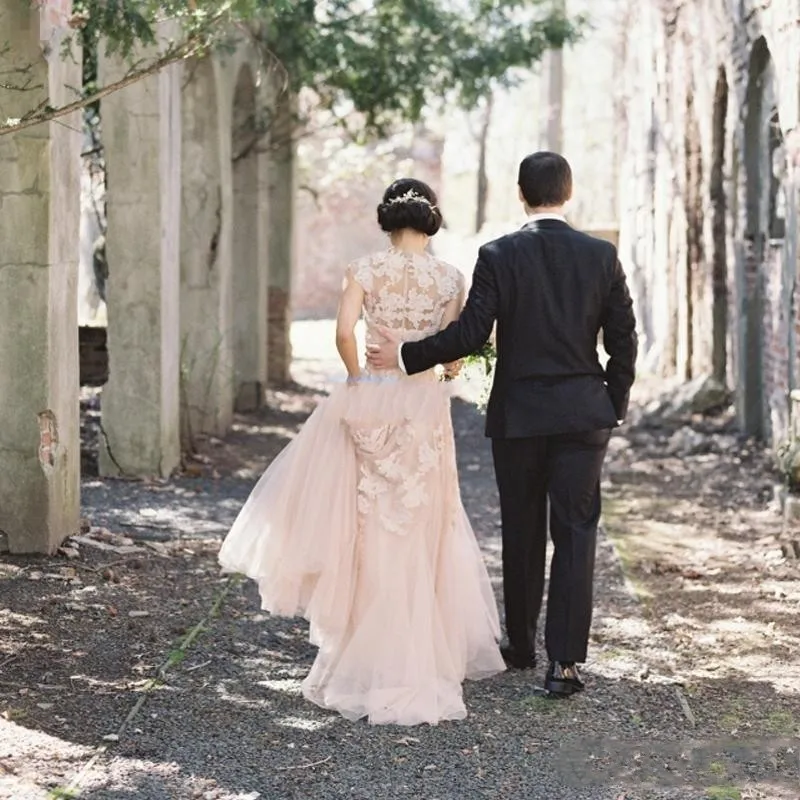 Boho Румяна Розовые Свадебные платья в стиле Country ; robe de Mariage Аппликация Кружевное Свадебное платье индивидуальный заказ в западном стиле Дизайнерская обувь; обувь под свадебное платье для невесты