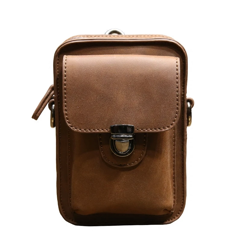 

QIGER Vintage Waterproof Mens Belt Bags Mobile Phone Wallet Travel Waist Pack Crazy Horse Leather Small Belt Bum Bag