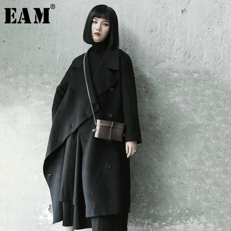 

[EAM] 2019 New Spring Winter Lapel Long Sleeve Irregular Pleated Split Joint Loose Long Woolen Coat Women Parkas Fashion JL296
