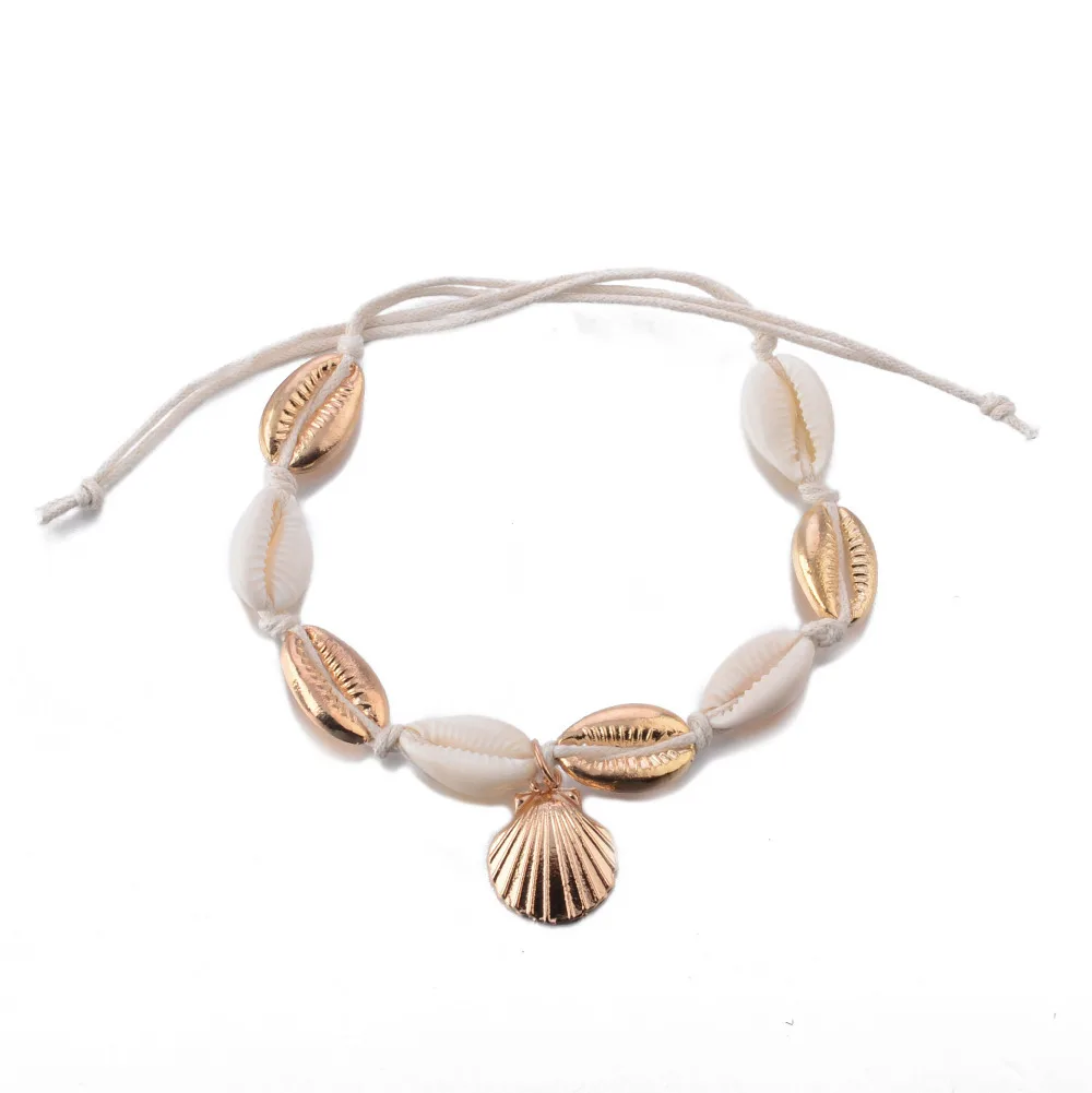 

Vintage Antique Gold Color Anklet Women shell sequins Beads Geometric Bracelet Charm Bohemian Ankle Bracelet Boho Foot Jewelry