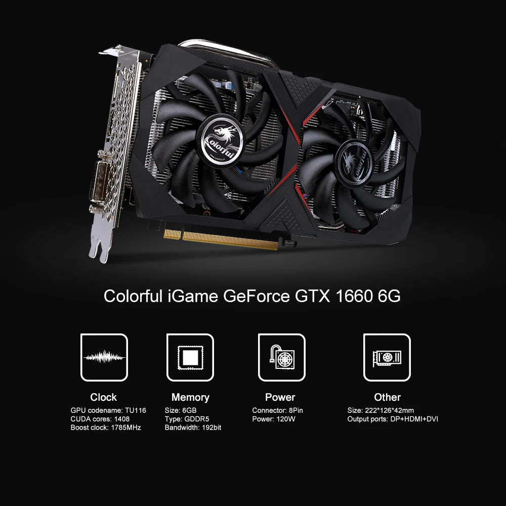Красочные GeForce GTX 1660 6G графическая карта GDDR5 192bit 8Pin DP+ HD+ DVI графическая карта для игрового ПК