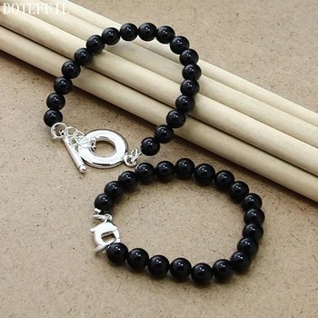 

DOTEFFIL 8mm Black Agate Beaded Chain 925 Sterling Silver 2Pcs Buckle Bracelet Set For Women Wedding Engagement Party Jewelry