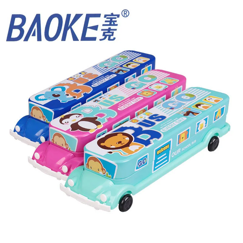 

Student Large Capacity Two Layers Cartoon Little Bus Pencil Case Iron Box Tin Pen Bags Multifunction School supplies Stationery