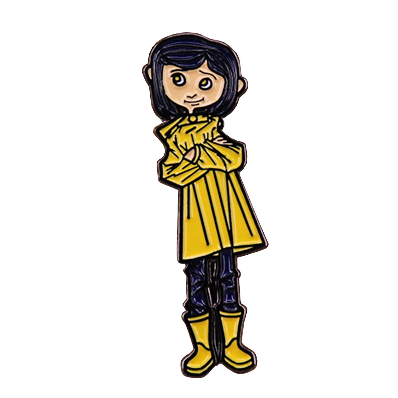 

Coraline enamel pin yellow raincoat brooch creepy animation badge cute doll pins women shirts jackets accessories