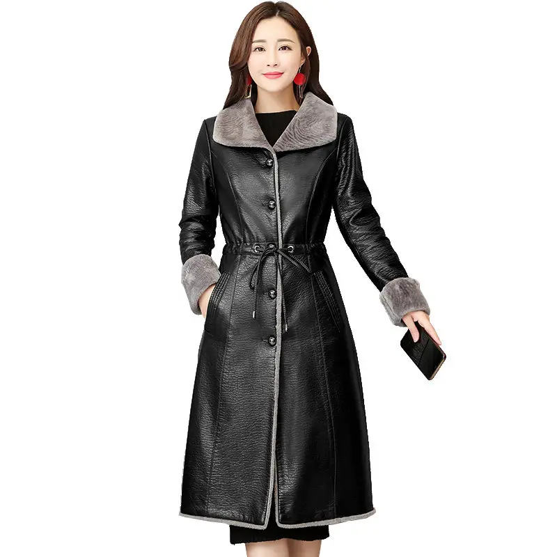 

Long Leather Jacket Women Lambswool Coat Plus Size 5XL Long Sleeve Slim Leather Jacket Elegant Warm Thicker Leather Jacket Q1012