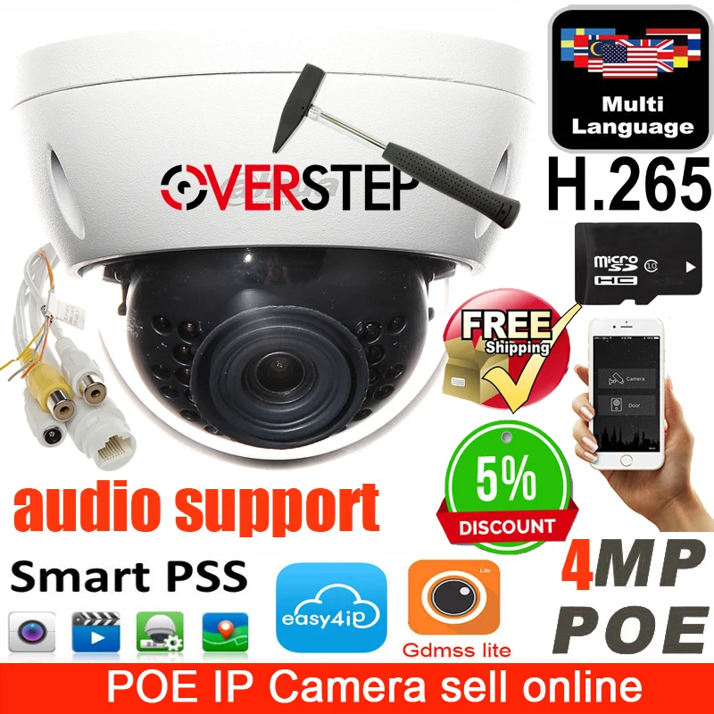 

Mutil language H.265 4MP IP starlight Camera IPC-HDBW4433R-AS and PFB203W H.265 IK10 IP67 Audio & Alarm PoE IP Camera with card