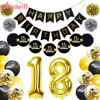 

Amawill Celebrate 18th Party Decorations For Black Happy Birthday Banner Gold Number 18 Foil Balloons Latex Confetti Globos 8D