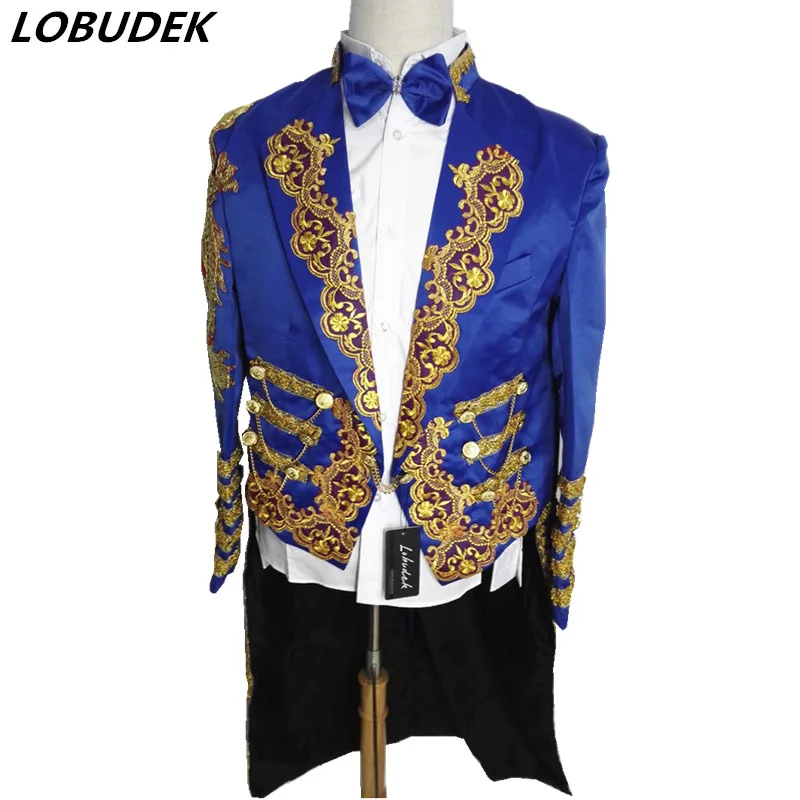 

Male Magician's court Tuxedo clothing Prom Host Tailcoat Men wedding Singer stage Costumes Fashion Blue slim Tails suit jackets