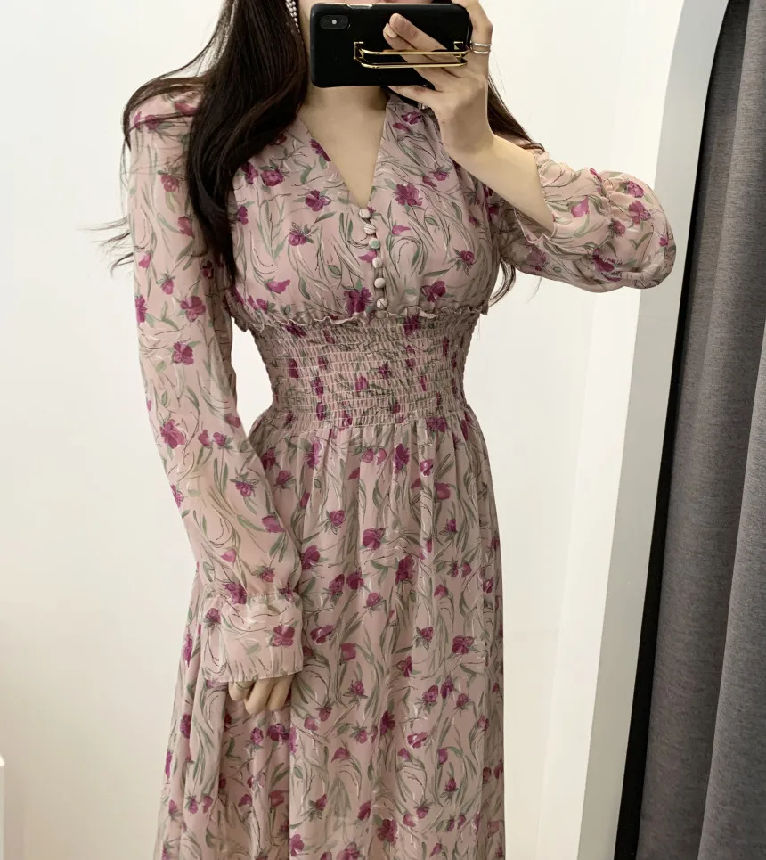 

Boho Dress Women Sexy V-Neck Floral Print Chiffon Dress Vestidos Korean Long Sleeve High Waist Elegant Dresses Maxi Long Dress