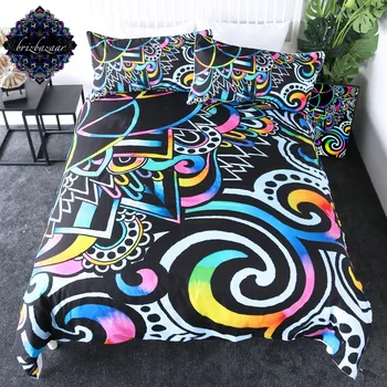 

White Doodle Magic by Brizbazaar Bedding Set Mandala Flower Duvet Cover Colorful Bed Set 3-Piece Psychedelic Floral Bedspreads