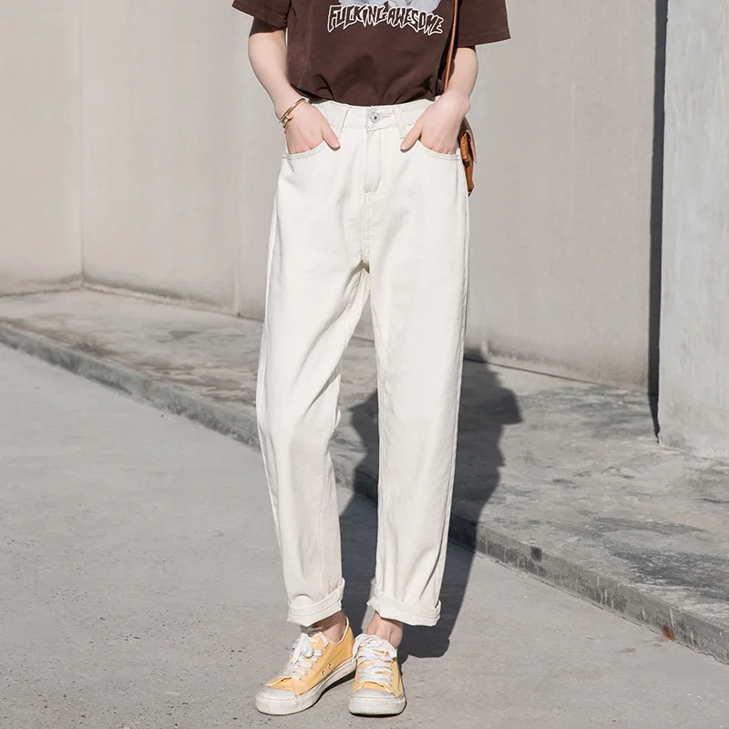 Fall White Mom Jeans Vintage High Waisted Wide Leg Jeans Women Cropped Baggy Straight Leg Jeans Chic Casual Denim Pants