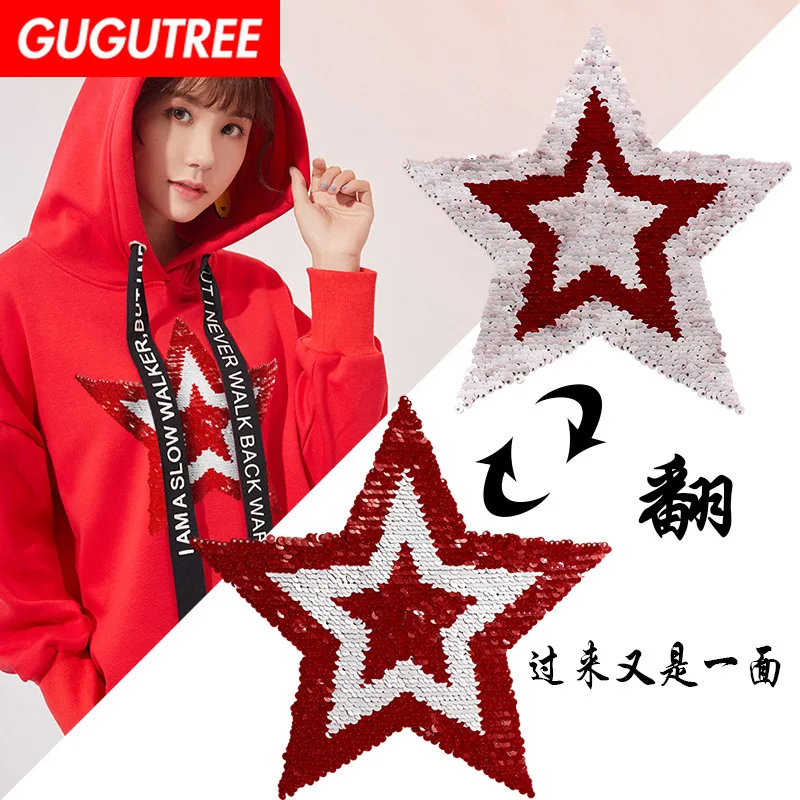 

GUGUTREE embroidery Sequins big star patches red patches badges applique patches for clothing XC-178