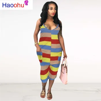 

color Striped Print Sexy Jumpsuits For Women v-neck Sleeveless Party Bodysuit Summer High Waist Backless Beach Long Romper