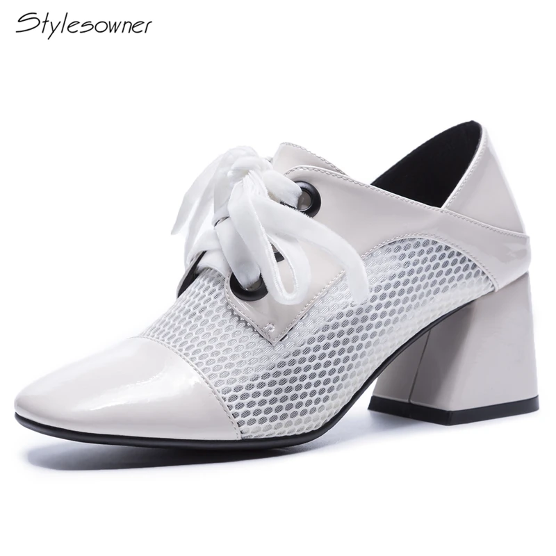 

Stylesowner 2018 New Mesh Hole Square Toe Single Women Shoes Chunky High Heel Pumps Women Lace Up Shoes Causal Mules Laces Shoes