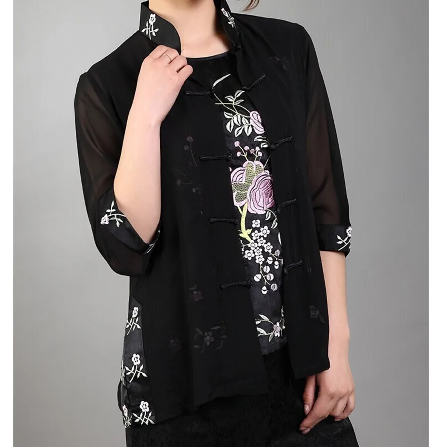 Black Traditional Chinese style Women's Silk Satin Embroidery Shirt Top