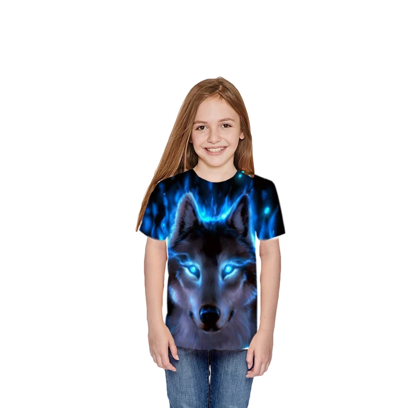 Футболка с короткими рукавами и 3D изображением волка; крутые летние топы с принтом животных для девочек и мальчиков-подростков; детская футболка для крупных детей