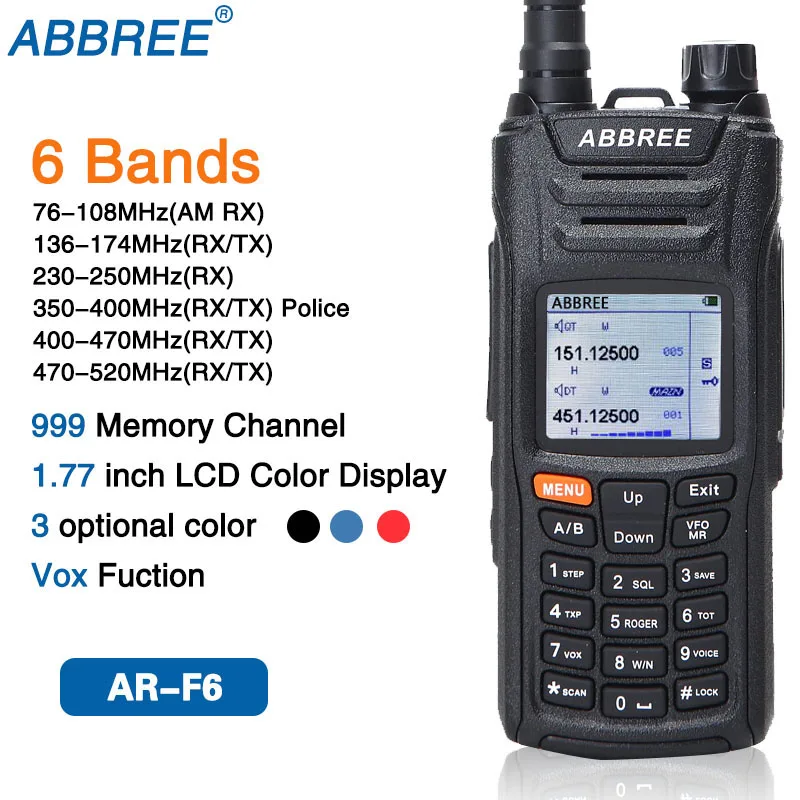 ABBREE AR-F6, 6 диапазонов, двойной дисплей, двойной режим ожидания, 999CH, многофункциональный VOX DTMF SOS, ЖК-дисплей, цветной дисплей, рация CB Ham Radio