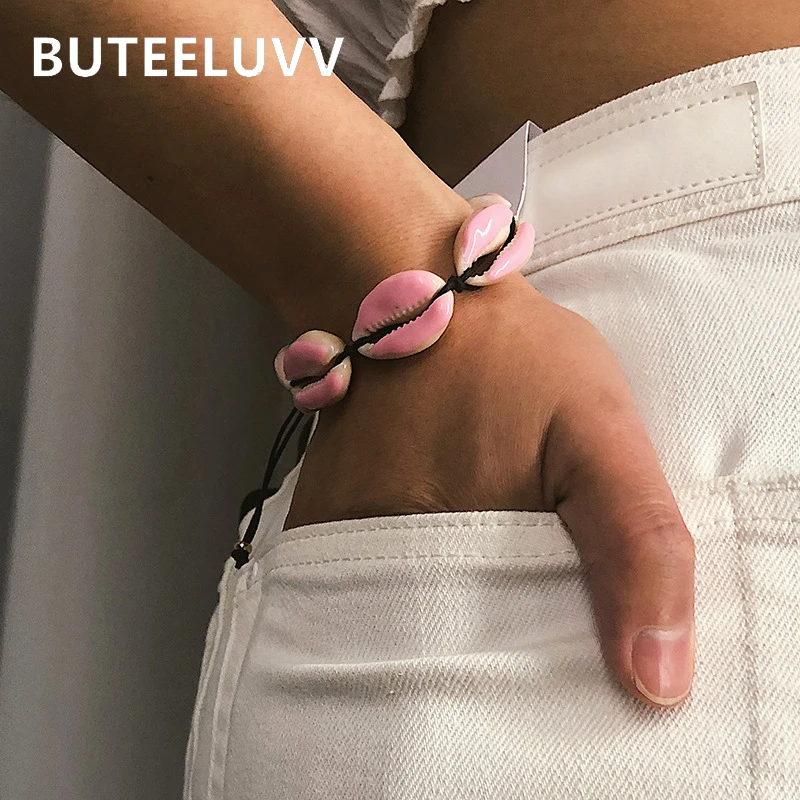 

BUTEELUVV Handmade Enamel Shell Bracelets for Women Bohemian Black Rope Weave Pink Blue Natural Shell Charm Bracelet Jewelry